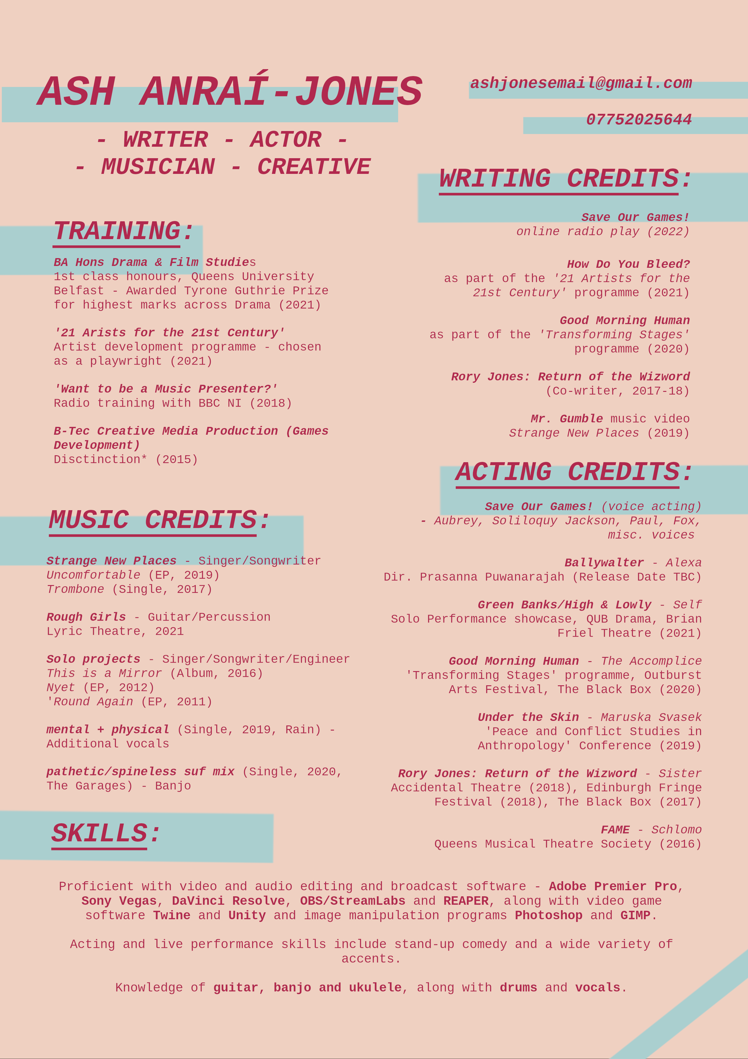 ash's full creative CV, detailing her experience in writing, acting, and music